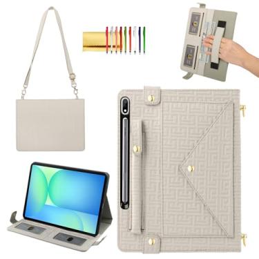 Imagem de Capa de mão para Samsung Galaxy Tab S10 FE+/Plus 33.3 cm, Techcircle elegante capa tipo carteira com suporte para lápis, compartimentos para cartões, alça de mão, alça de ombro, off-white