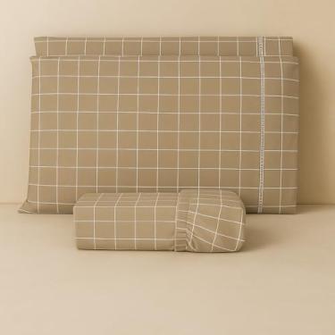 Imagem de Jogo de lençol algodão estampado com elástico todos tamanhos solteiro casal queen king size (CASAL, QUADRICULADO CAQUI)