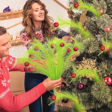 Imagem de 4 peças de topo de árvore de Natal verde limão encaracolado palitos de árvore com bola vermelha, hastes verdes artificiais de Natal para decoração de guirlanda de casa de Natal (42 x 3 x 3 cm)