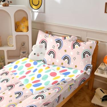 Imagem de Yadangxiawa Jogo de edredom infantil, solteiro com zíper, estampa de arco-íris, com manchas coloridas, lençol com elástico e fronhas para todas as estações (arco-íris-B)