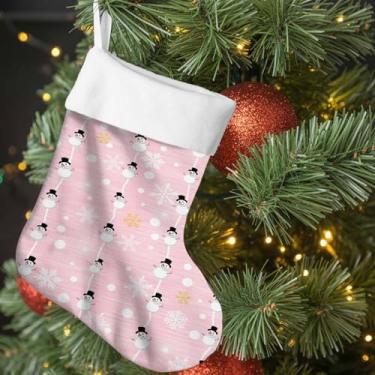 Imagem de Meia de Natal abstrata de boneco de neve estilo desenho animado meias de Natal 45,7 cm grande, floco de neve em decorações de Natal rosa, meia pendurada para festa de férias em família, lareira