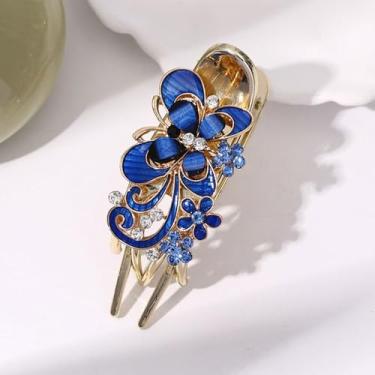Imagem de Grampo de cabelo de jacaré para decoração feminina, acessórios de cabelo com strass, borboleta, garra de cabelo, flor de cristal (azul)