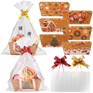 Imagem de Eaasty Pacote com 12 cestas de Natal para presentes vazias 24 x 16 cm x 11 cm, kit de cesta de presente vazia Kraft com alça para embrulhar, bandeja de mercado resistente para encher como lembrancinha