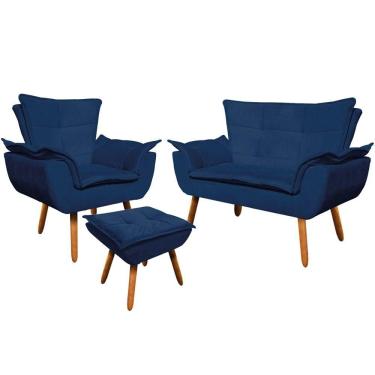 Imagem de Conjunto Poltrona Puff E Namoradeira Pés Palito Charger Suede Azul Marinho G19 - Gran Belo