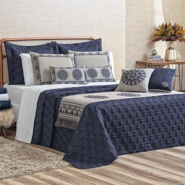 Imagem de Kit Cobre Leito Colcha Tierry Queen 5 Peças Hipercal 180 Fios - Azul Marinho