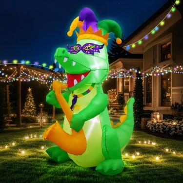Imagem de PARAYOYO 6,23 Pés Mardi Gras Inflável Jacaré Com Máscara De Carnaval Colar De Coroa Tocar Cena De Saxofone, Decoração Inflável Mardi Gras Construído Em 3 Led Brilhante Para Decoração De Carnaval De