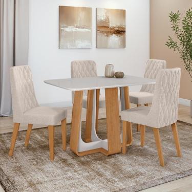 Imagem de Conjunto Sala De Jantar Mesa Easy Pop 120x80cm Tampo Vidro/mdf Com 4 Cadeiras Seat Boucle Bege Amendoa Clean/off White