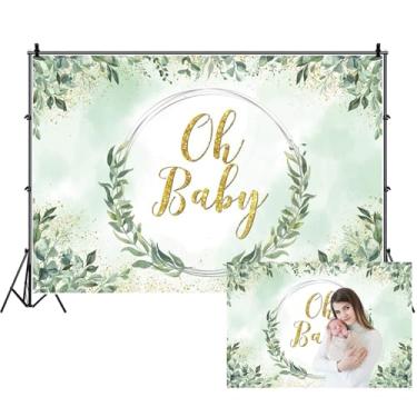 Imagem de Renaiss Pano de fundo para chá de bebê de 1,5 x 0,9 m, folhas de eucalipto de sálvia verde, dourado, glitter, fundo para fotografia de bebê, para revelação de gênero, neutro, decoração de festa de