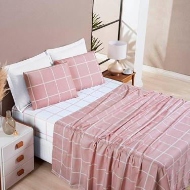 Imagem de Jogo De Lençol Minimalista Casal 4 Peças Percal 200 Fios Quadriculado - Rosa