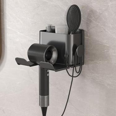 Imagem de 1 suporte de secador de cabelo versátil montado na parede para prateleiras de banheiro, sem broca, rack de armazenamento de secador de cabelo - preto