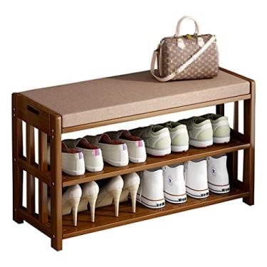 Imagem de Banco de armazenamento de entrada, banco de sapateira de bambu com almofada removível, armário de armazenamento de sapatos com portas de persiana, para sala de estar, entrada, corredor, comporta até