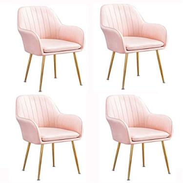 Imagem de Conjunto de 4 cadeiras de sala de jantar de cozinha moderna com pernas de metal, assento e encostos de veludo poltrona para sala de estar, pés ajustáveis (cor: Rosa)