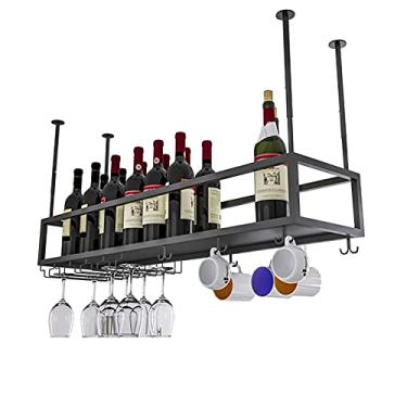 Imagem de Rack de vinho suspenso no teto, rack de garrafa de metal preto, suporte de vinho vintage com prateleira de copos de taças para embaixo do armário, cozinha, bar, altura ajustável (tamanho: 60 x 25 x 21