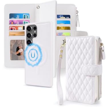 Imagem de Harryshell Capa carteira 2 em 1 para Samsung Galaxy S24 Ultra, magnética, compatível com suporte para cartão Magsafe com bloqueio de RFID, capa removível para celular, bolsa com zíper, alça de pulso