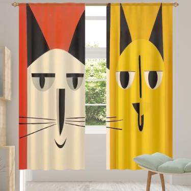 Imagem de 2 conjuntos de painéis de gato engraçado bonito amarelo vermelho cortinas transparentes arejadas com filtro leve painéis de cortina leve cortina cortina porta janela cortina para sala de estar, quarto