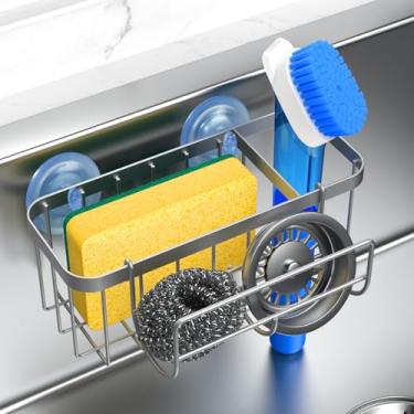 Imagem de HOKEMOM Organizador de pia de cozinha com suporte de esponja e ganchos multifuncionais – Ventosas duplas (suporte de 8,4 kg), aço inoxidável de 2,0 mm, à prova de ferrugem, suporte antiderrapante para