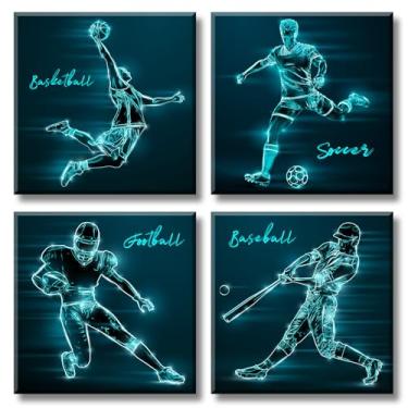 Imagem de DJSYLIFE Decoração esportiva para quarto de meninos arte de parede azul-petróleo raio-X basquete futebol beisebol futebol imagens impressões em tela arte para adolescentes homem caverna meninos quarto