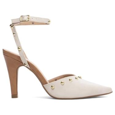 Imagem de SAPATO SCARPIN FEMININO TORRICELLA NAPA OFF WHITE E BEGE APLIQUES E FIVELA NA COR DOURADA, NÚMERO 36