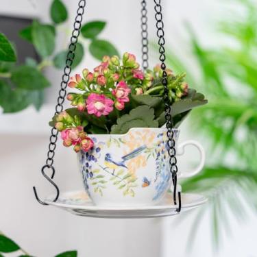 Imagem de TEATALK Plantadores suspensos para plantas de interior, vaso de pendurar ao ar livre com corrente, cestos pendurados de 15 cm, vasos de flores para jardim, casa, vaso de cerâmica (pássaros de flores)