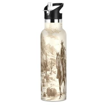 Imagem de ATTX Garrafa de água Western Desert Cowboy com tampa de palha, copo de aço inoxidável de 590 ml, copo isolado para viagens, ao ar livre #450