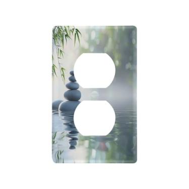 Imagem de Blueangle Linda placa de parede com pedras de bambu, tomadas duplas, tamanho padrão, placas de cobertura de tomada elétrica de 1 gangue para decoração de quarto de escritório em casa, 4,53 x 2,76