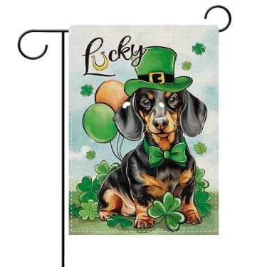 Imagem de Dyrenson Dia de São Patrício Dachshund Bandeira decorativa de jardim para cães, trevo da sorte, trevo da sorte, decoração externa para casa, dono de animais de estimação, presente para amantes de
