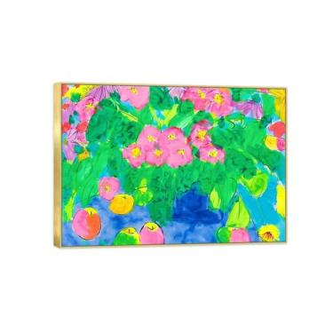 Imagem de BMZFYBS Pintura de arte de parede de flores - imagem de decoração vintage - flores rosa - impressões em tela moldura dourada para sala de estar 70 x 100 cm 27 x 39 pol