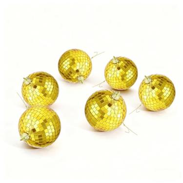 Imagem de 6 peças de bolas espelhadas douradas: 8 cm penduradas nos anos 60 anos 70 bola de discoteca espelhada com luz de DJ para festa temática, casamento, árvore de Natal, decorações para casa