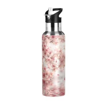 Imagem de Qilmy Copo de isolamento portátil à vácuo de árvore de cerejeira de aço inoxidável 623 g, garrafa de esportes ao ar livre à prova de vazamento, caneca de café de viagem com canudo, escritório, escola