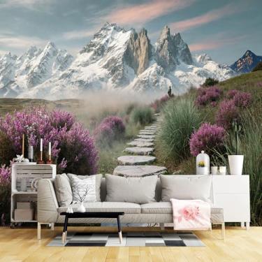 Imagem de Murais de parede de tamanho personalizado, caminho de pedra, arbustos roxos, montanhas cobertas de neve, tecido de parede autoadesivo (sem PVC) Papel de parede grande removível para sala de estar