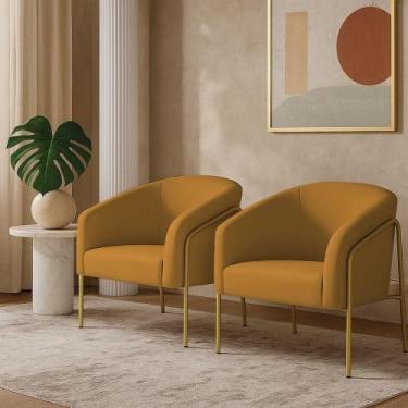 Imagem de Poltrona Sala Decorativa Kit 2 Stella Base Alta Tubo Dourado Veludo Mo