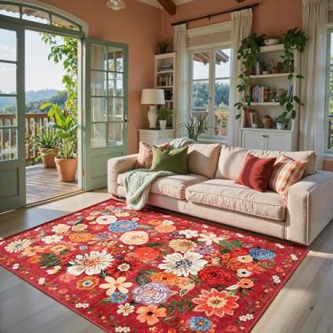 Imagem de Tapete de área, 10 x 15 cm, lavável, antiderrapante, camada baixa, floral, pequeno tapete para quarto, cabeceira, quarto de crianças, escritório, sala de jantar (jardim vermelho, 10 x 15)