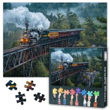 Imagem de Quebra-cabeça de 1000 peças para adultos, trem a vapor vintage cruzando ponte alta de pedra sobre floresta exuberante com cachoeira, quebra-cabeças de arte de paisagem para adultos - 69,8 x 50 cm