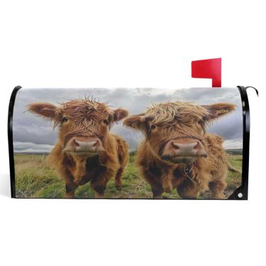 Imagem de TSENQUE Capas de caixa de correio magnéticas decorativas lindas vacas Highland caixa de correio de vinil à prova de intempéries decoração de caixa de correio de férias tamanho padrão 52,6 x 45,8 cm