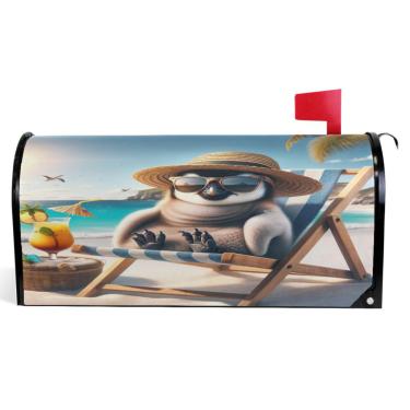 Imagem de TSENQUE Capas de caixa de correio magnéticas decorativas de vinil caixa de correio decorações de caixa de correio de casa de fazenda ao ar livre praia de pinguim verão tropical tamanho grande 64,5 x