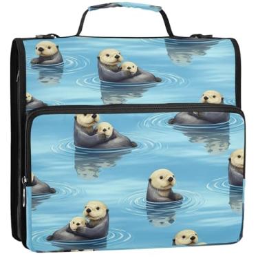 Imagem de Organizador de fichário colorido com zíper de 3 cm, 3 anéis, lontras marinhas resistentes, vários bolsos, pasta grande para fichários escolares com alça de ombro, 34,5 x 31,5 x 9 cm