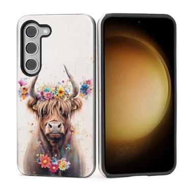 Imagem de Zhhoya Capa para Samsung Galaxy S23, capa de telefone com estampa floral em aquarela de vaca highland à prova de choque híbrida de 2 camadas de proteção para meninas, mulheres, meninos e homens