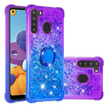 Imagem de ZYZX Capa para Samsung Galaxy A21, gradiente de areia movediça, glitter, líquido fluindo, flutuante, poliuretano termoplástico flutuante, capa para celular com suporte giratório para Samsung Galaxy A21, YBLS roxo marinho
