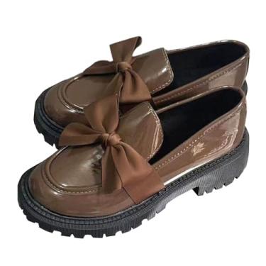 Imagem de Sapatos elegantes casuais versáteis estilo britânico um pé chute salto grosso confortável laço redondo tamanho grande salto grosso pequeno sapatos de couro, Caqui, 35