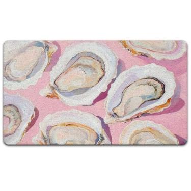 Imagem de Exqcom Tapete de porta de ostra de praia rosa preppy, capacho costeiro para entrada interna e externa, tapete de boas-vindas náutico para porta da frente externa, 43 x 76 cm