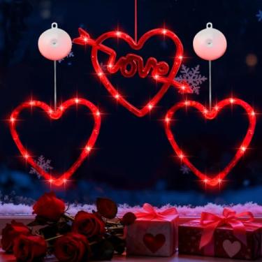 Imagem de Artmag 3 peças de decoração de luzes de janela do dia dos namorados com temporizador, silhueta em forma de coração, lâmpada LED pendurada alimentada por bateria para amante do dia dos namorados