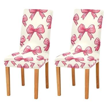 Imagem de SEHANY Conjunto de 2 capas de cadeira com laço de bolinhas rosa para sala de jantar, elástico, removível e lavável, para cozinha, hotel, festa, Natal