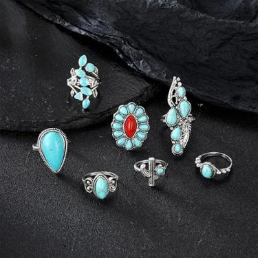 Imagem de Conjunto de anéis turquesa para mulheres, joias ocidentais vintage, anéis empilháveis boho, anéis articulados, conjunto de joias modernas, anéis turquesa para mulheres, Medium, Latão, Sem pedra