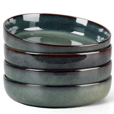 Imagem de Herogo Conjunto de 4 tigelas de massa de grés, pratos grandes largos e rasos de 1050 ml, conjuntos de tigelas de servir empilháveis para sopa de salada, cereal, seguro para micro-ondas e lava-louças