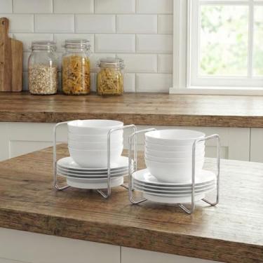 Imagem de APRTAT Escorredor de pratos de bambu ajustável - Escorredor de pratos de aço inoxidável 304 para cozinha | Essenciais de balcão para organização e secagem eficientes de pratos (branco, 2 x pequeno)