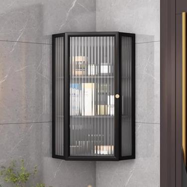 Imagem de Armário de remédios para banheiro montado na parede com porta de vidro - Unidade de canto de armazenamento sobre o vaso sanitário de 3 a 4 níveis, armário com moldura de metal para cosméticos e