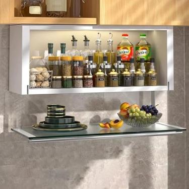 Imagem de Armário de cozinha montado na parede com porta de vidro temperado, armário de armazenamento de despensa multicamadas, prateleira de exibição de banheiro de metal dobrável, instalação sem perfuração