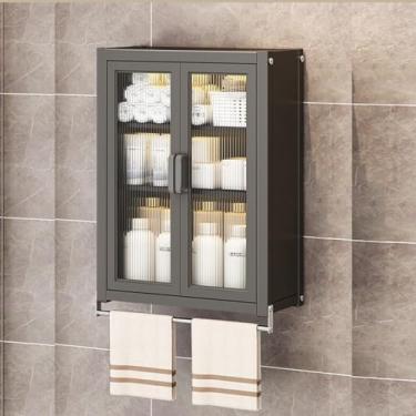 Imagem de Armário de armazenamento de banheiro montado na parede - Organizador de metal sobre o vaso sanitário com portas de acrílico, sem perfuração, à prova de poeira, barra de toalha, prateleiras de 2/3/4