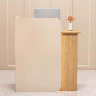 Imagem de Mesa de recepção moderna, balcão frontal com gaveta e ilhó de cabo, balcão de caixa com corrimão - marrom e cor de madeira - 100 cm - Mesa elegante e funcional para uso comercial