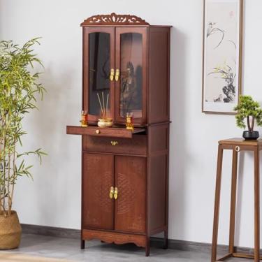 Imagem de Mesa de altar pessoal de bambu com armazenamento, armário de meditação chinês para ofertas de Buda, mesa de nicho budista doméstico (70 x 37 x 180 cm)